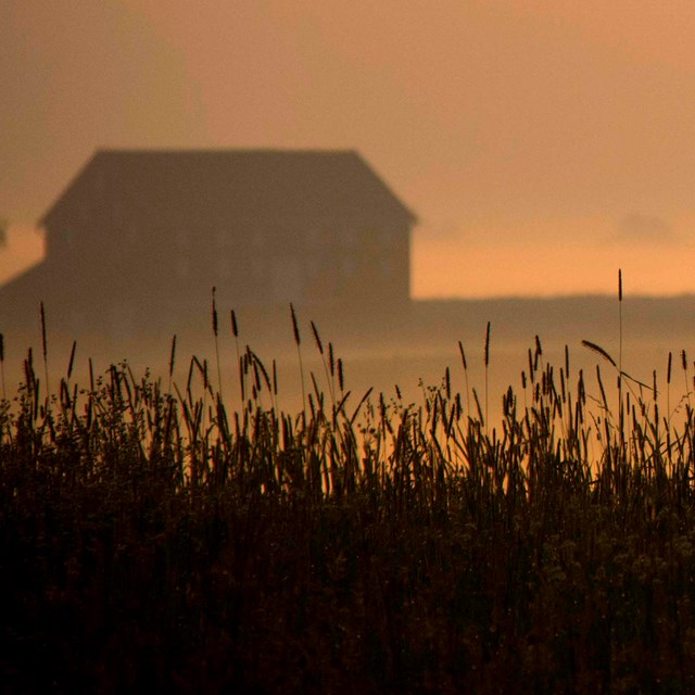 A hazy morning sunrise over a field. The sky is orange, there is a barn in the left distance.