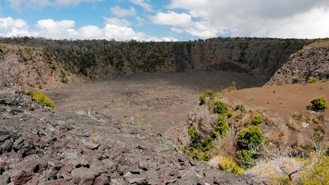 A volcanic crater at sunset