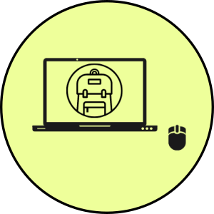 Icon of a laptop showing a circled backpack on the screen with a mouse on the right side.