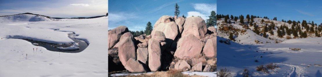 Grape Creek winding through snowy meadow at Florissant Fossil Beds, pink granite boulders, low hills with pine trees