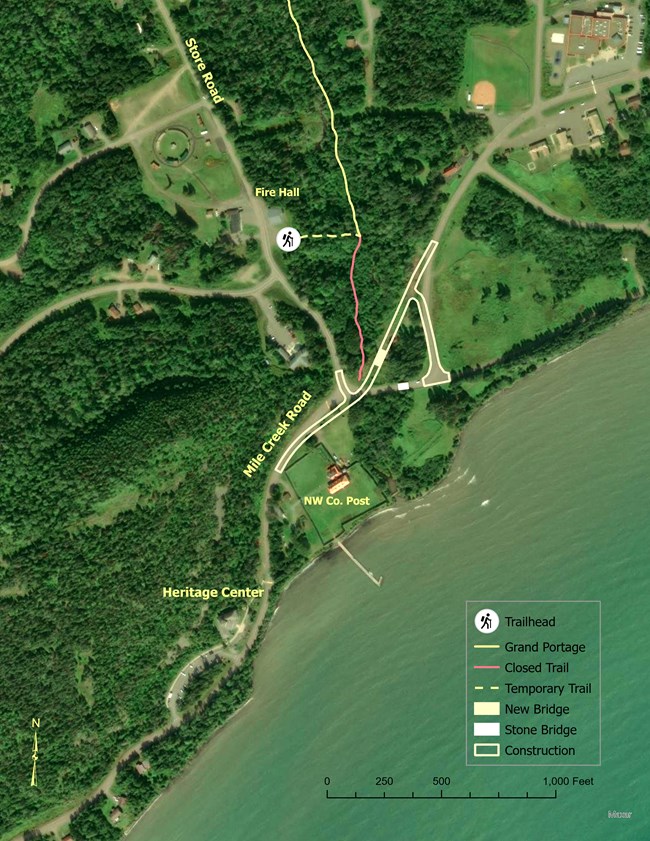 A map showing the location of a temporary trailhead on the Grand Portage Trail. Find detailed alternative text below.