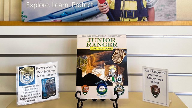 A book and poster with a young boy with the words Junior Ranger written out.