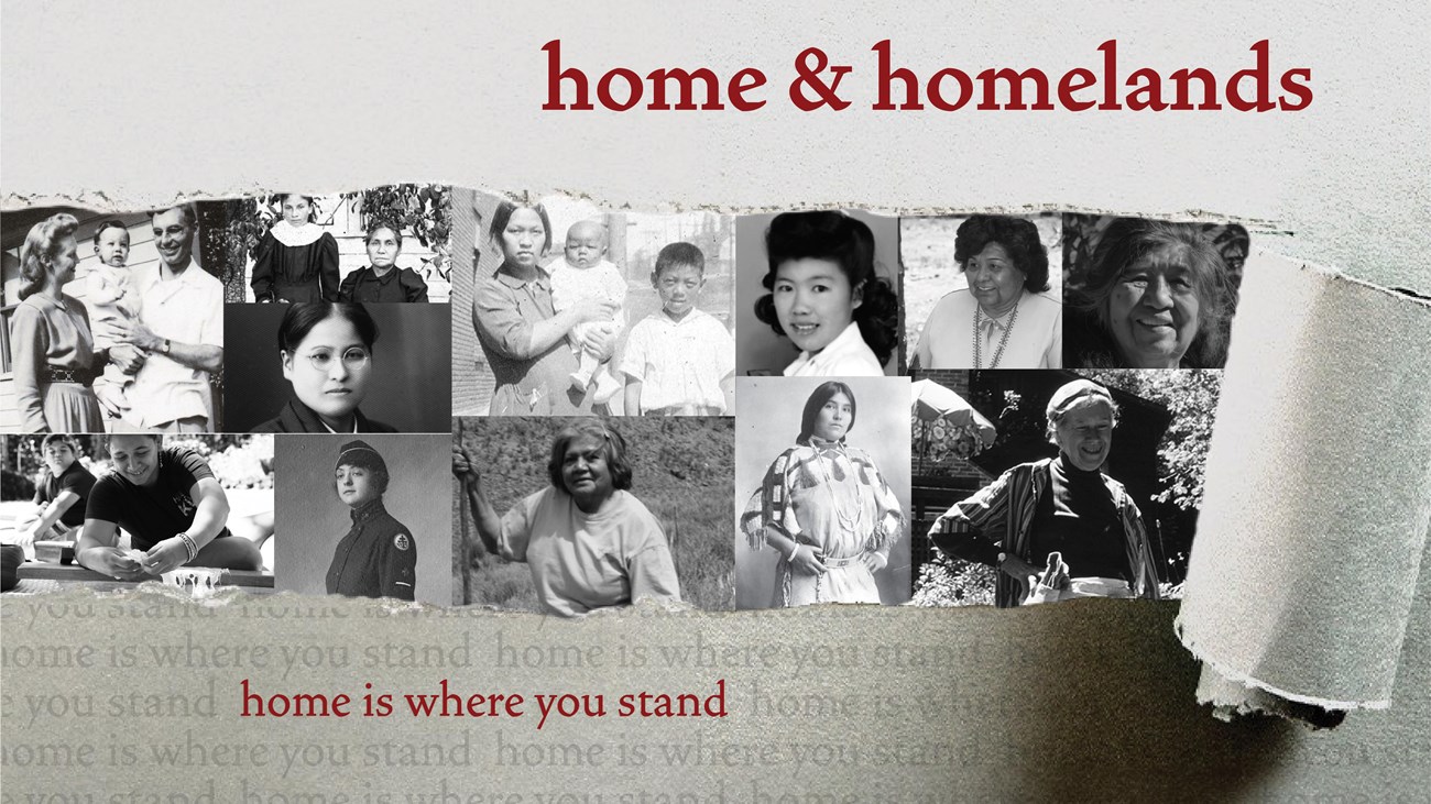 Peeled white paper reveals collage of black and white women's portraits. "Home and Homelands