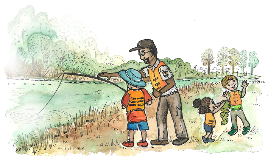 A ranger shows children how to fish in a river.