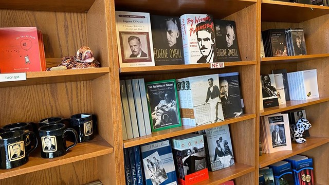 Various books and coffee mugs on a bookshelf.