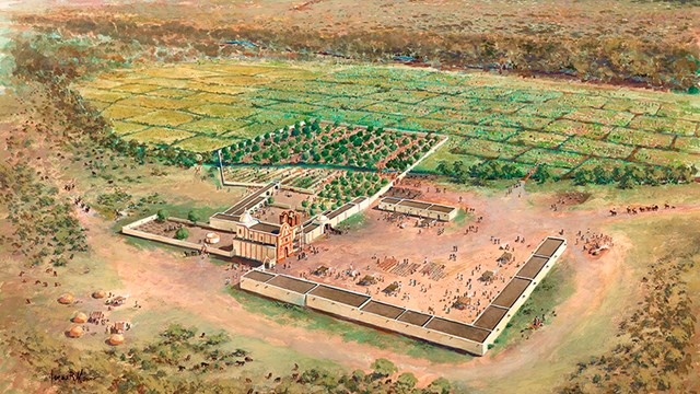 illustration of oblique aerial view with mission grounds, agricultural fields, and mountains