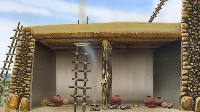 Artists conception of the interior of a pueblo, showing construction, entrance ladders, and pots