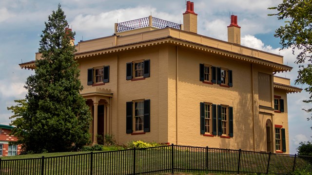 A large, yellow, three-story house with green shutters and several windows with a pine tree in front