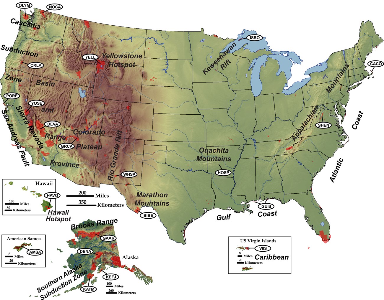 shaded relief map of us w tectonic settings and park labels