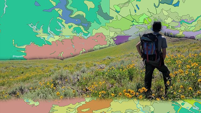 photo-illustration person in meadow with geologic map background