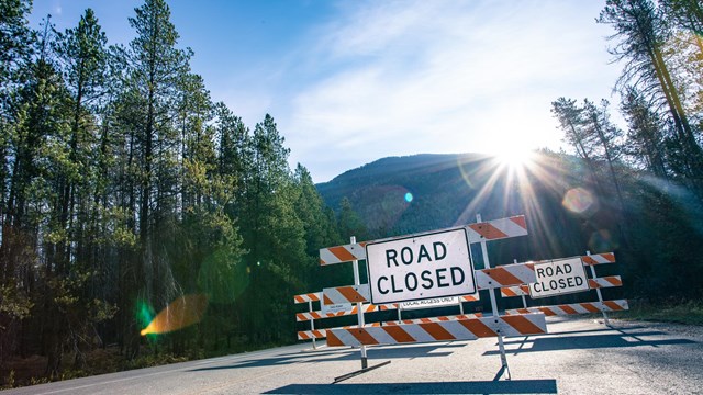 A sign says road closed and sun flares behind. 