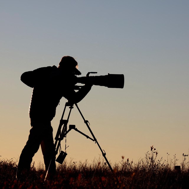 A silhouette of a man with a video camera in a meadow.