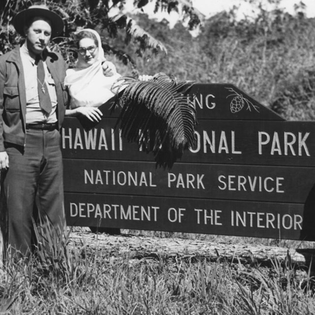 B&W photo of ranger and woman standing next to 