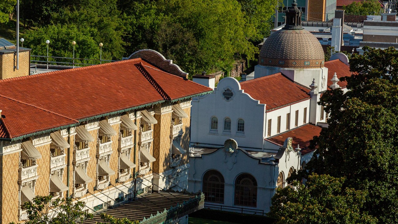 An areal view of bathhouse row during golden hour 