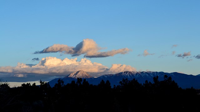 a snowy mountain range illuminated by sunlight, with shadowed foliage in front and blue skies behind