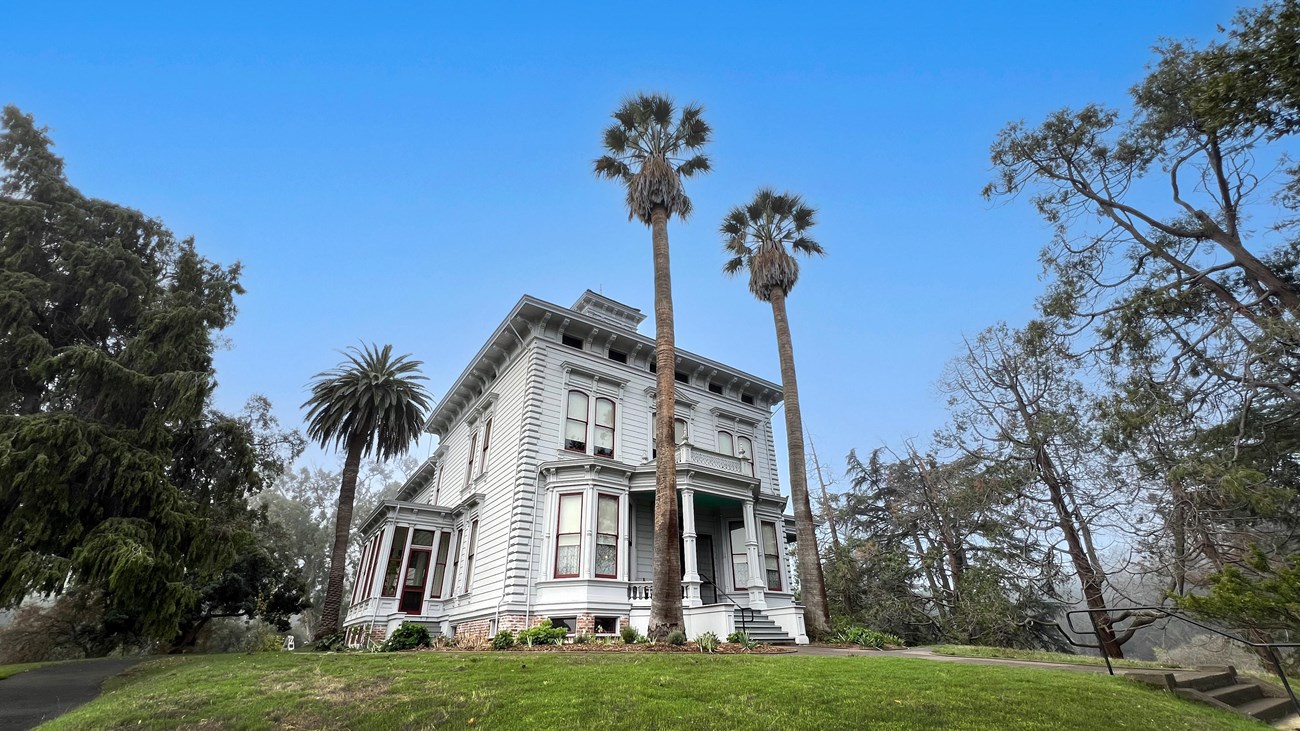 Photograph of the Strentzel/Muir home. Trees on all sides of a victorian two story home.