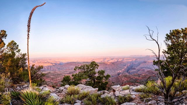 View of the rising sun from a remote viewpoint overlooking the Grand Canyon.