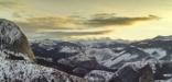 Half Dome and Clark Range in yellow sunrise glow