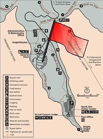 Map showing the location of the North Rim campground that is between the park administrative office and the North Rim Visitor Center/Grand Canyon Lodge, then continuing to Bright Angel Point.