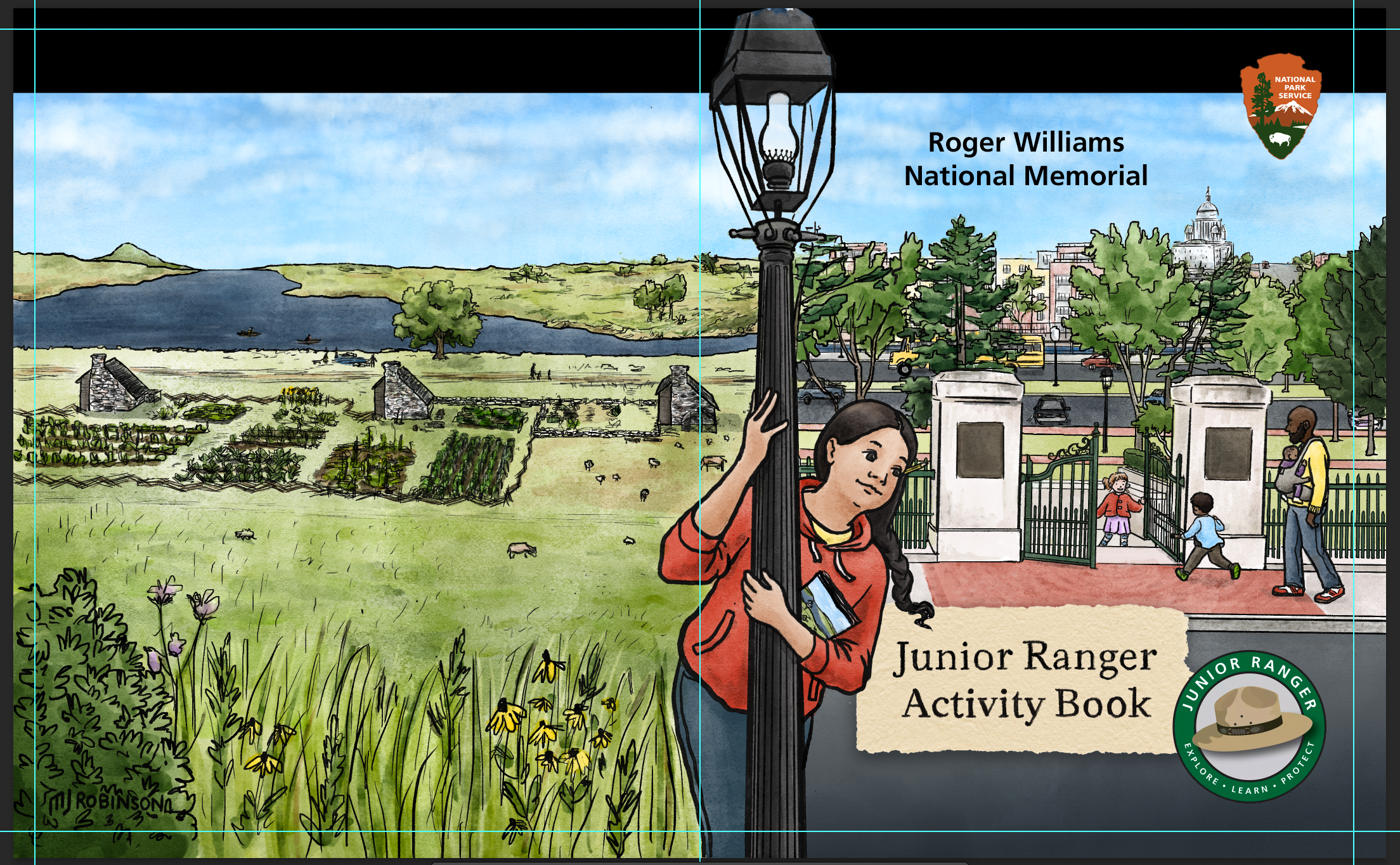 Drawing of a young person holding a lamppost with an artist's depiction of colonial Providence on the left and modern Providence on the right