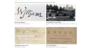 A screenshot of the Roger Williams National Memorial home page showing articles written by staff