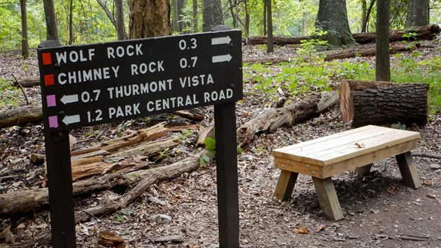 Trailhead sign and a wooden bench 