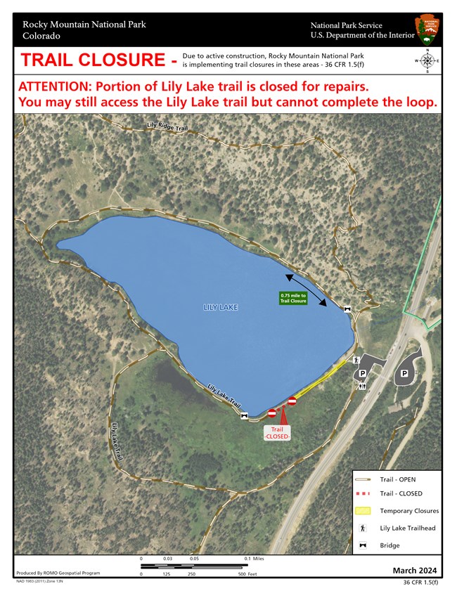 Map showing the Lily Lake Trail and the small section of trail that is closed for repairs.