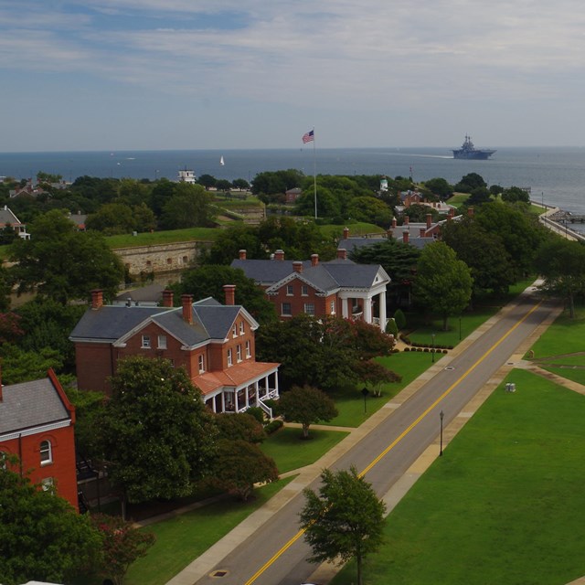 collection of military brick buildings from the air