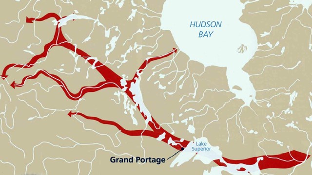 A map of the upper part of North America with a red path showing the fur trade route.