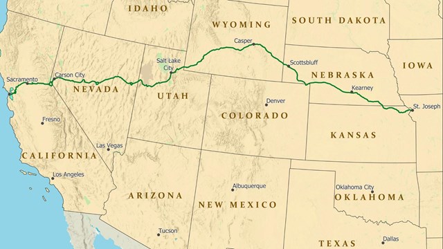 A map of the route of the trail, from Missouri, west to Sacramento, CA.