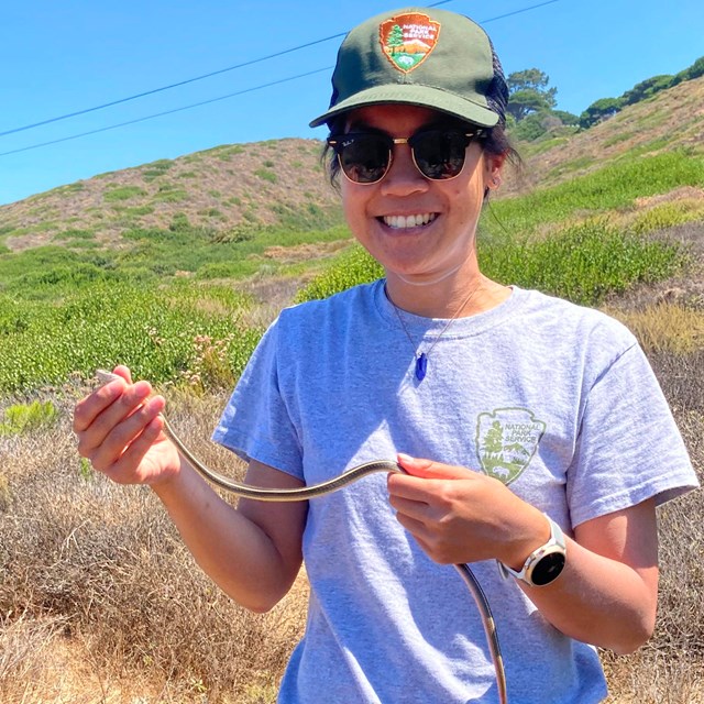 Person in the field holding a snake.