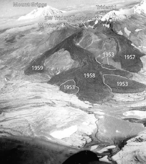 black and white photo of a volcanic mountain with areas of lava flows labled with years