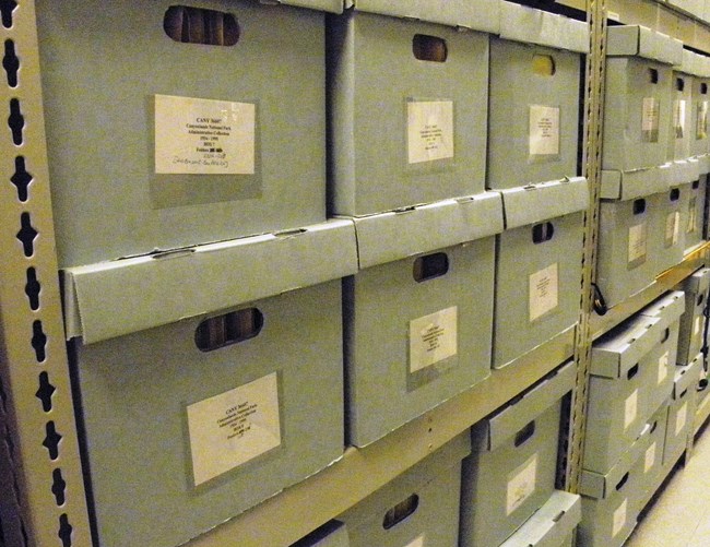 Rows of grey storage boxes stacked on metal shelves.