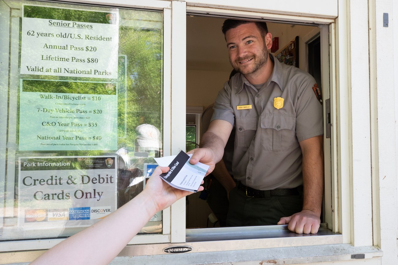 Entering C&O Canal at Great Falls, Maryland, visitors are greeted by a park ranger.