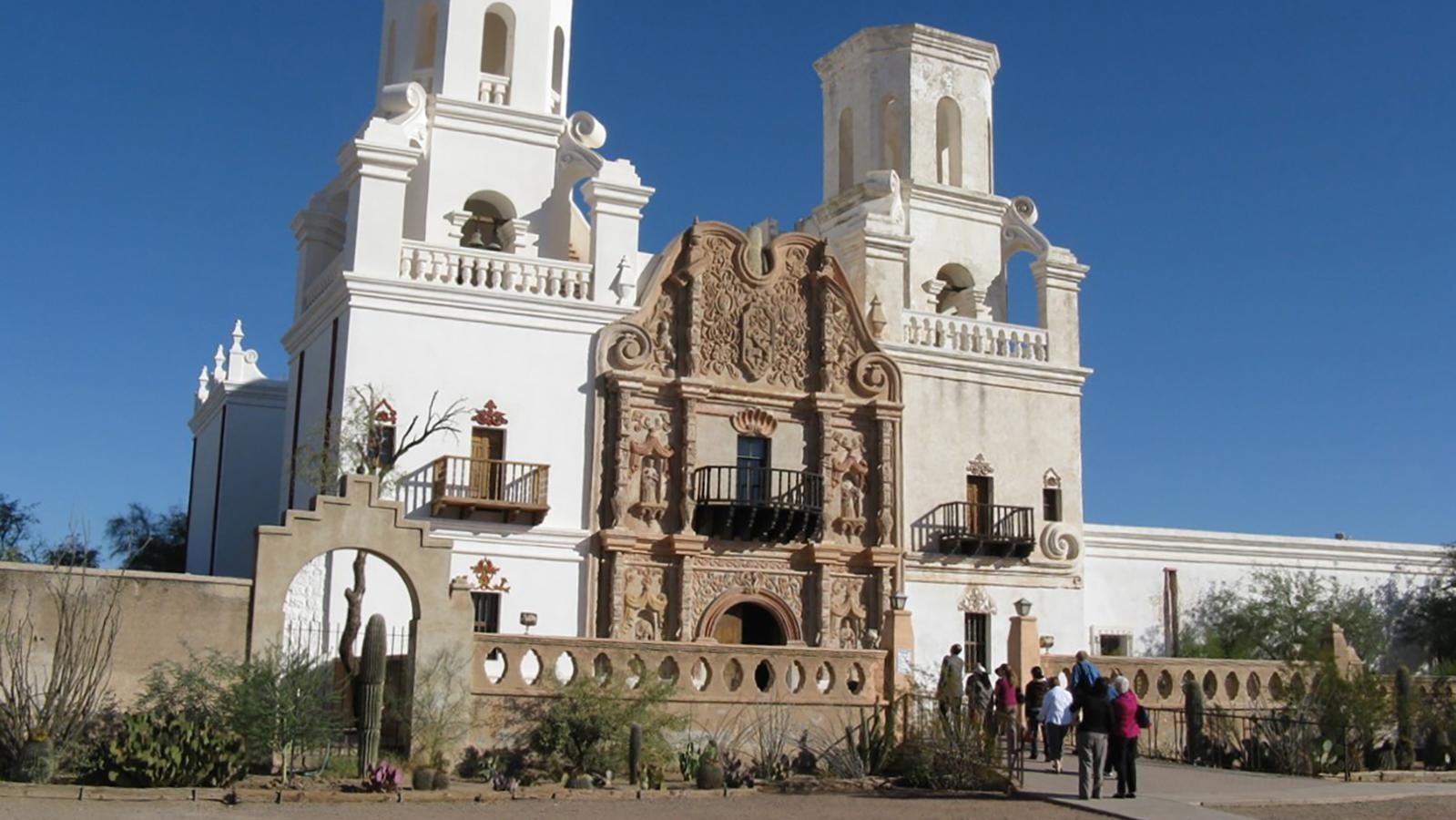 A frontward view of a Spanish-style church