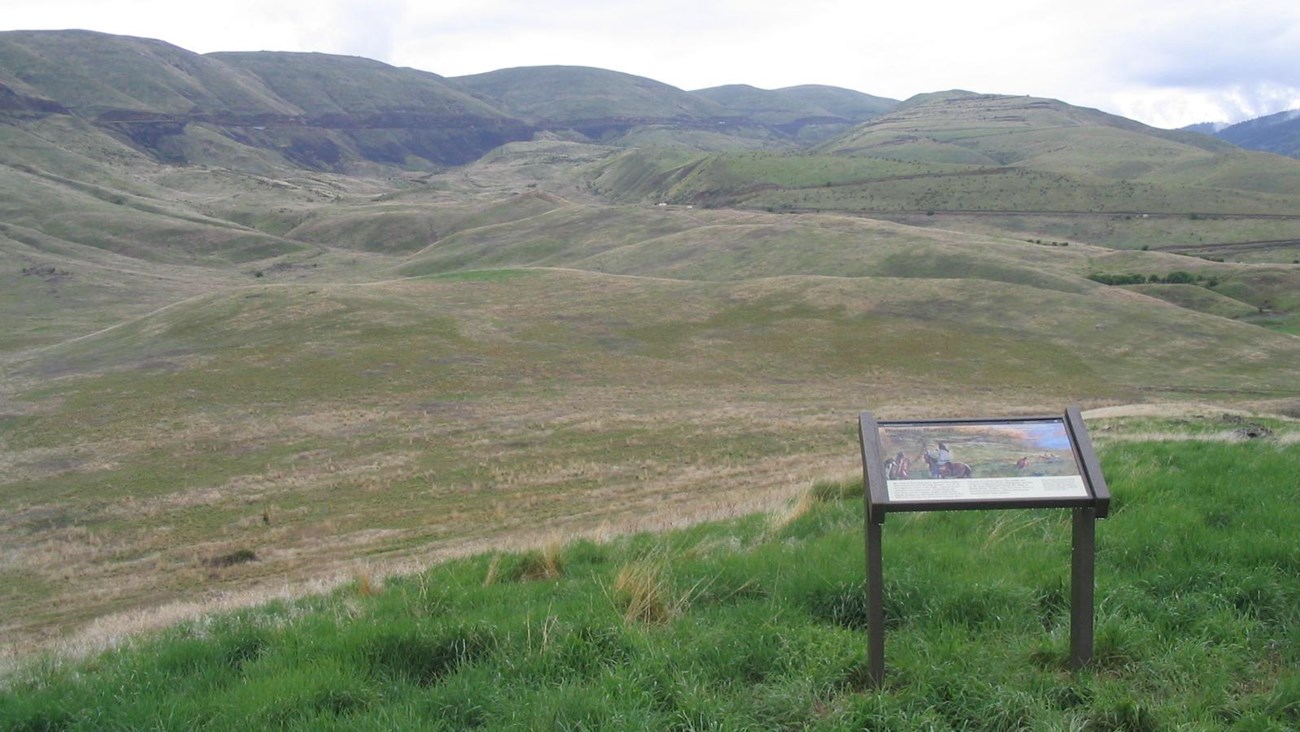 Vista of rolling hills and canyons with an information panel about the battle in the foreground.