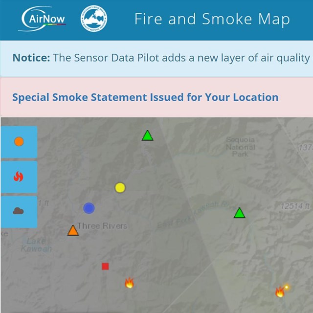 A map of the region, with markers for air quality stations showing current conditions