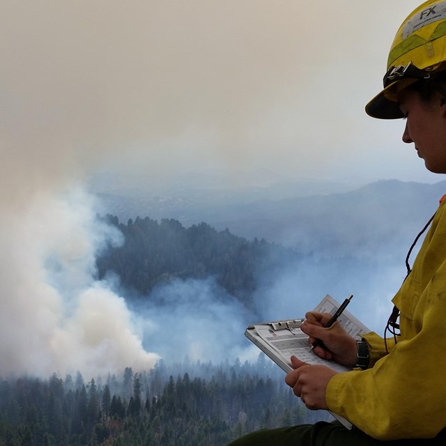 A firefighter records smoke observations