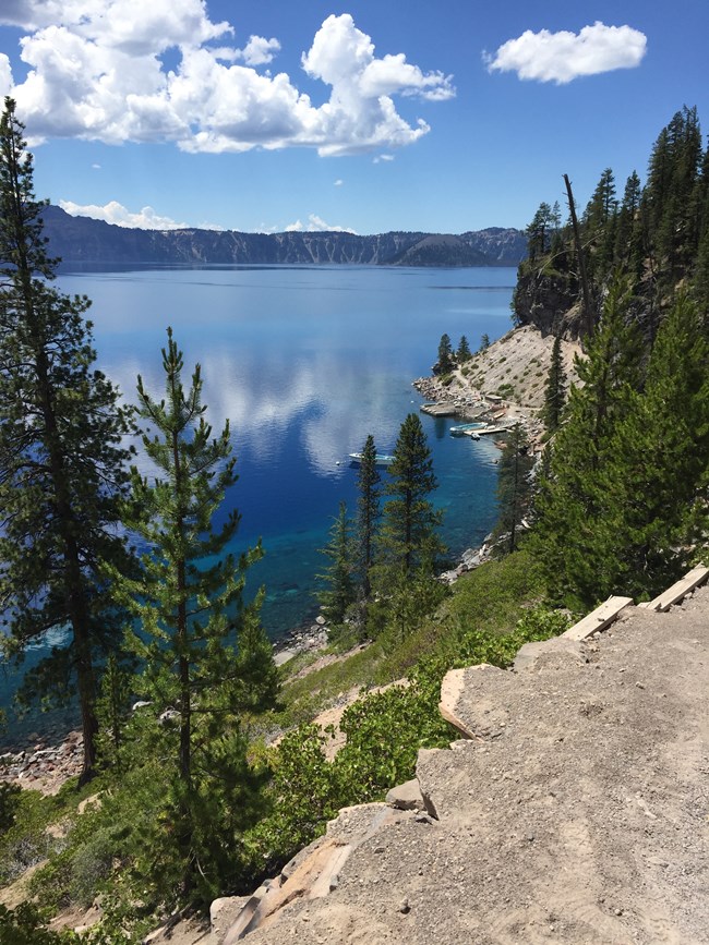 view of boats in water from a high point on trail