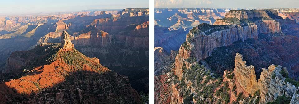 Left: Pointed Mt. Hayden at sunset with deepening shadows around the nearby formations. Right: A jagged narrow ridgeline leading down and to the right, then widening at the base of massive flat-topped Wotan's Throne.