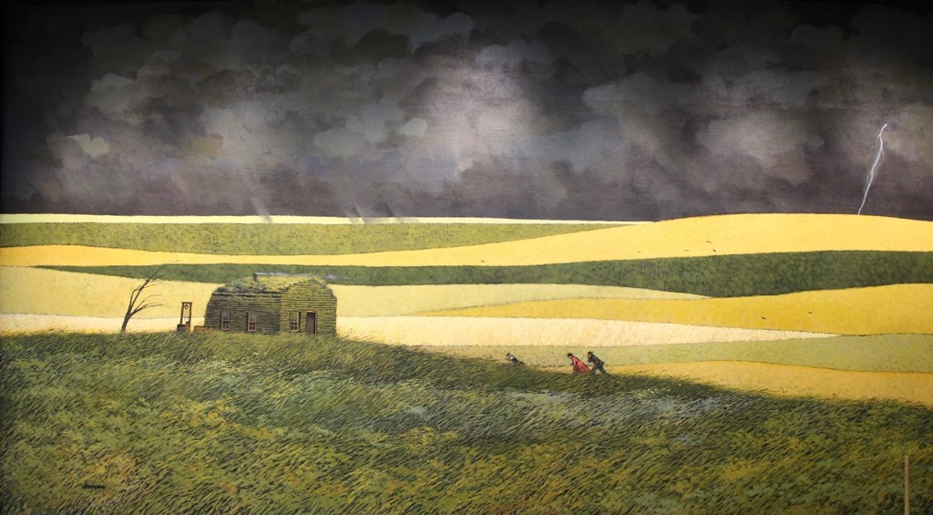 Three people walking toward a farm house in a storm