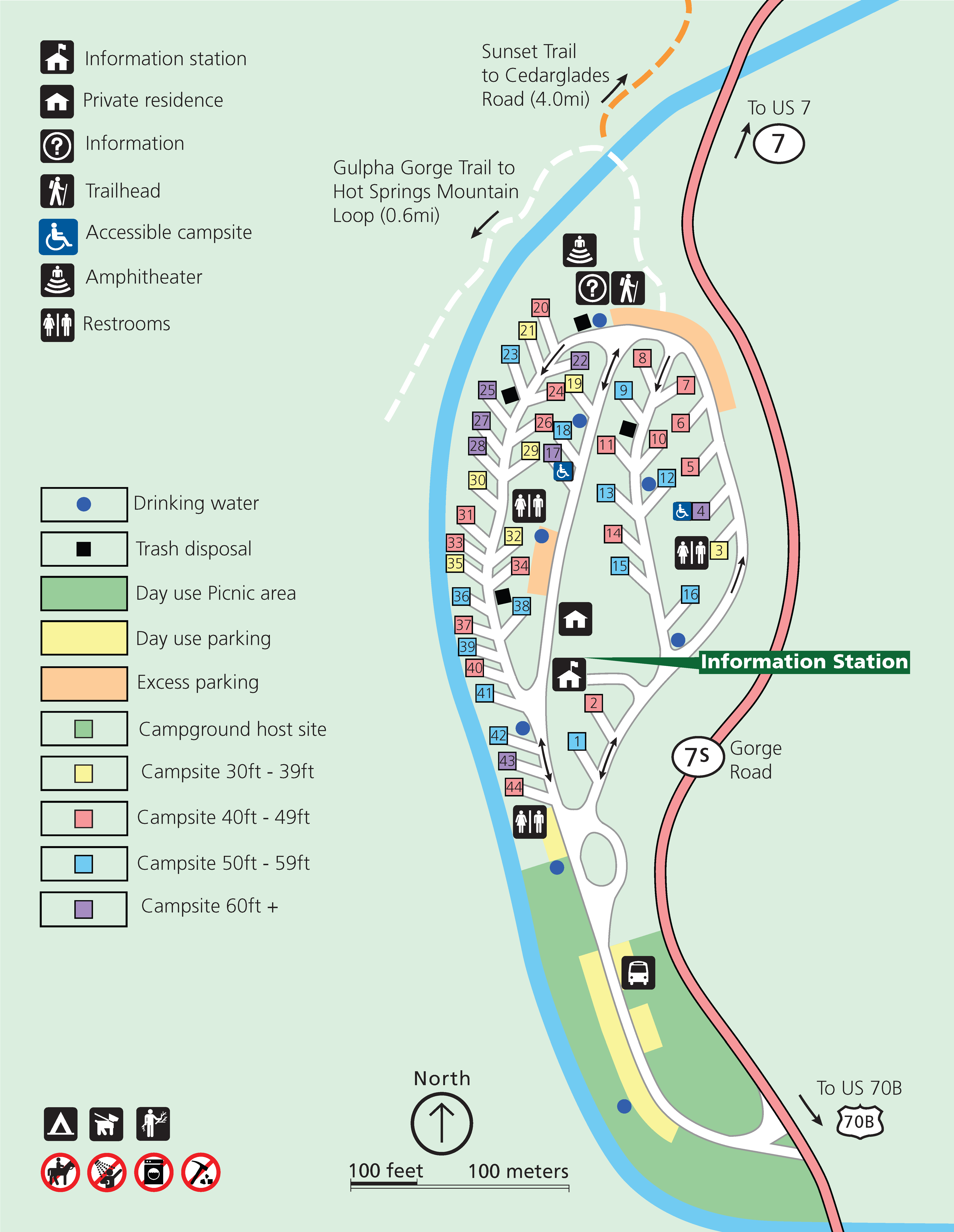 Campground site map outlining site lengths, water fountain locations, roads, parking, and other notable features