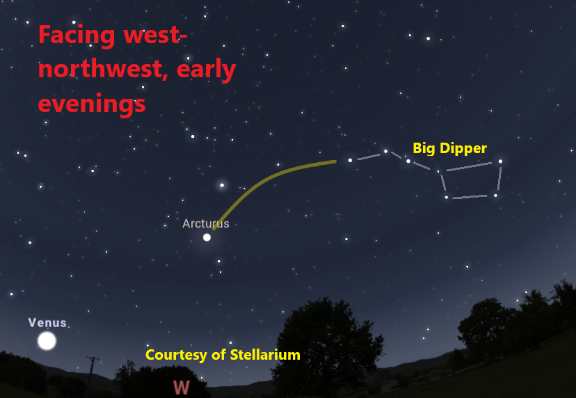 Computer generated image of the night sky, showing location of stars and the planet Venus.  Trees define the horizon.  Yellow line indicates that you can follow an arc from the Big Dipper’s handle to the star Arcturus.