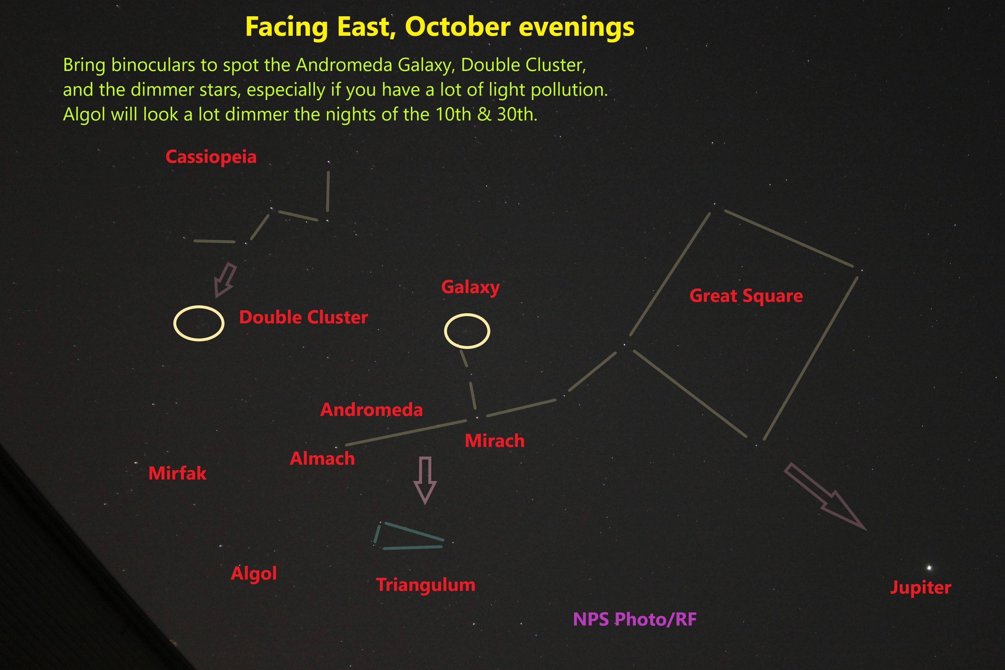 Stars appear as white dots on the black sky, with colored text identifying the stars and constellations.                                                                                     
