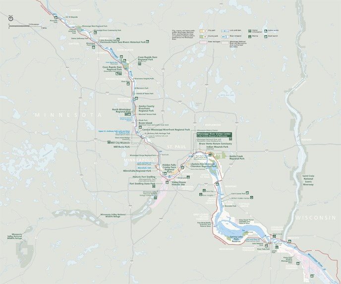 A map showing the area of the Mississippi National River and Recreation Area.