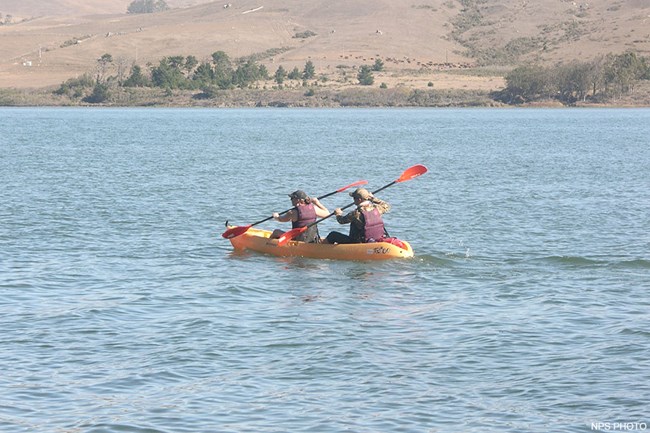 Two kayakers wearing purple PFDs in a yellow kayak on a calm bay.