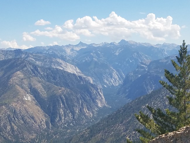 View from a peak top looking down into the steep, rugged walls of Kings Canyon and toward granite peaks in distance