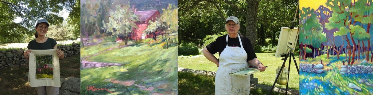 Artist Leslie Carone holds up artwork, painting of Weir Pond by Leslie Carone, Artist Bobbi Eike Mullen at field easel, painting of Weir Farm meadow and stone wall by Bobbi Eike Mullen