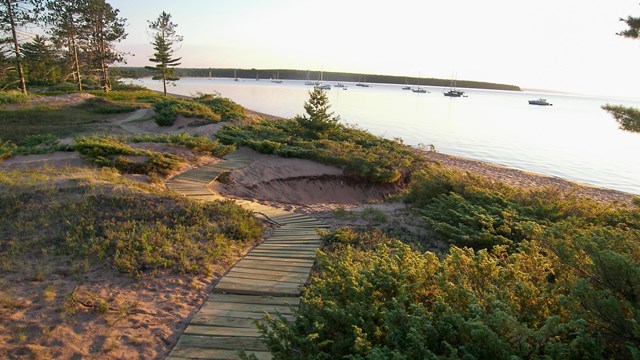 A wooden boardwalk in the sand leading to water with sailboats. 