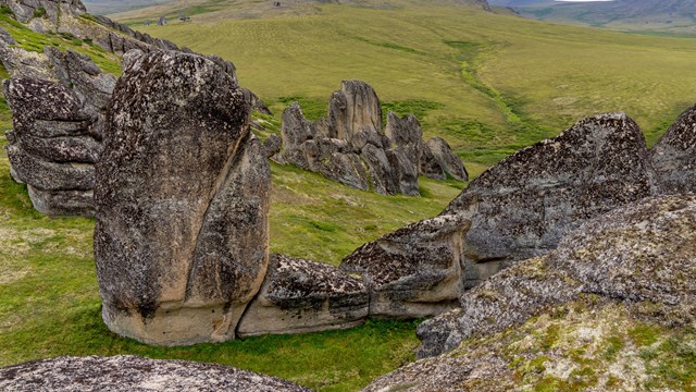 In a dramatic landscape, giant tors jut out of gently slopping hills. 